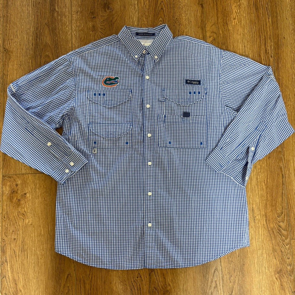 Columbia PFG Super Bonehead Florida Gators Fishing Shirt Mens M Blue Gingham